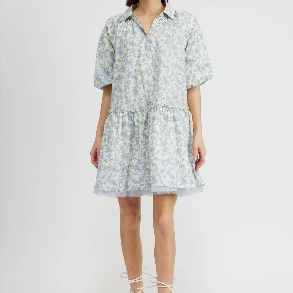 En Saison Pale Blue Floral Tiered Shirt Dress